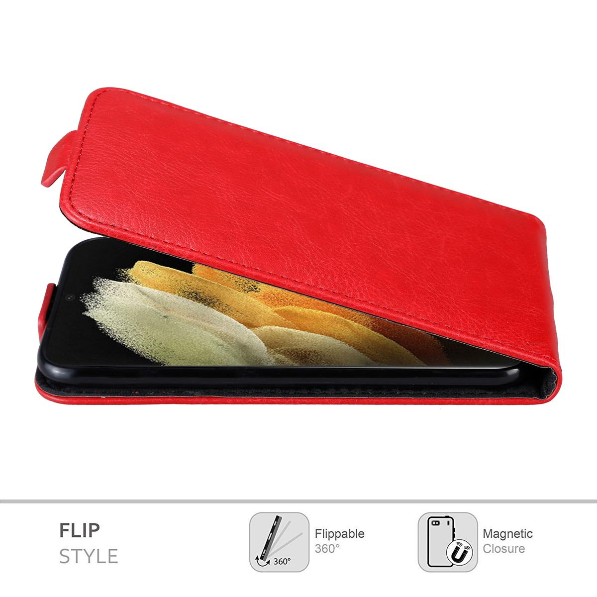 Custodia a libro rossa, aperta con telefono all'interno. Icone: rotazione a 360° e chiusura magnetica.