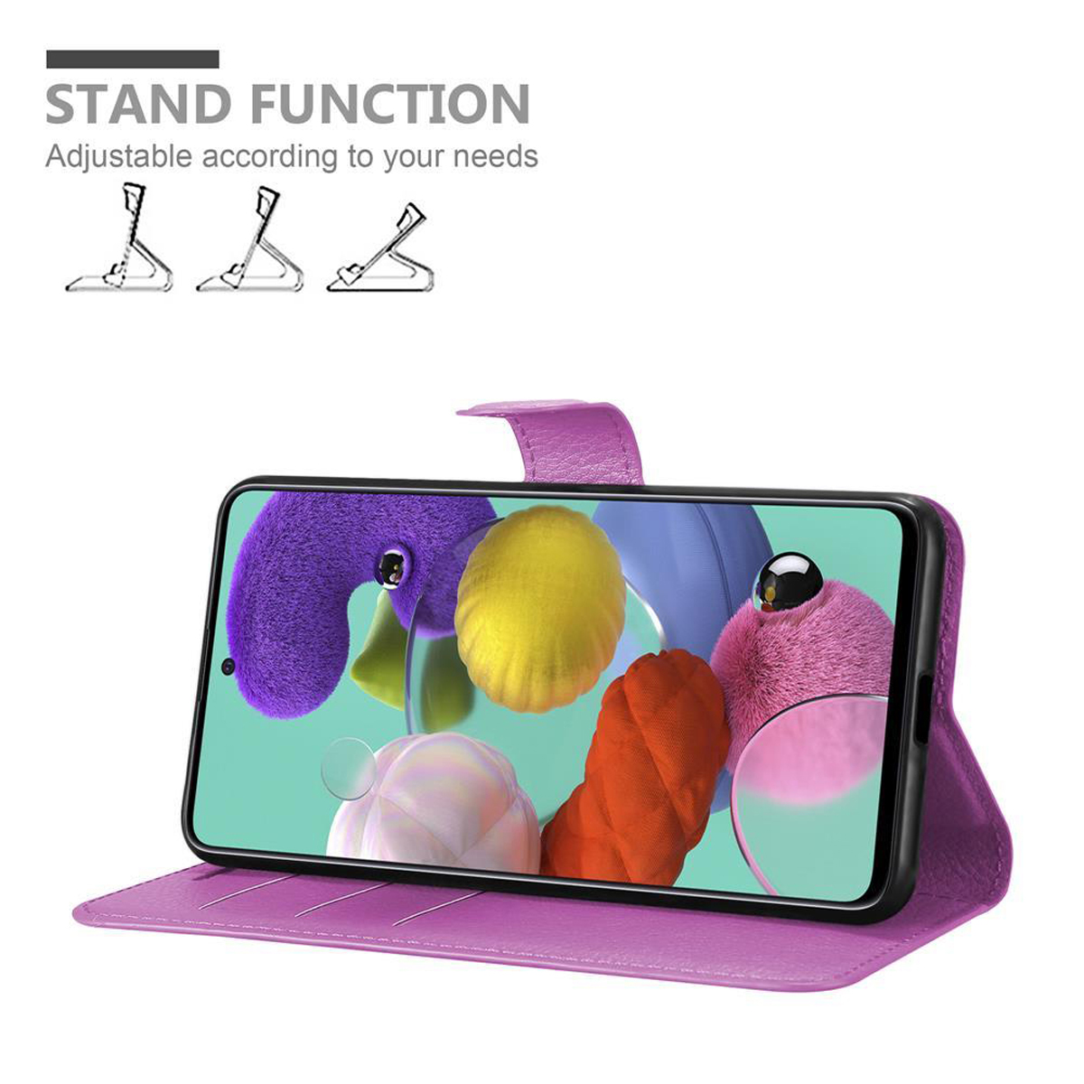 Eine lila Handyhülle, geöffnet, zeigt ein Telefon mit einer bunten Blumenszene und Diagrammen der Stützfunktion.