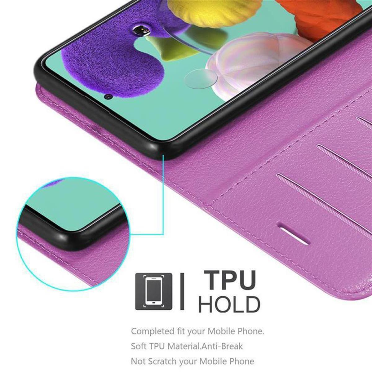 Rosa Handyhülle offen. Telefon innen, TPU-Halter betont. Lila Gehäuse.