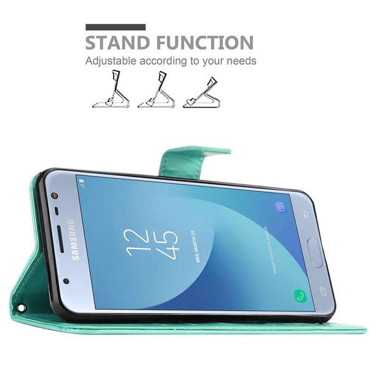 Un telefono è appoggiato in una custodia verde acqua. Il telefono visualizza l'ora e la data.