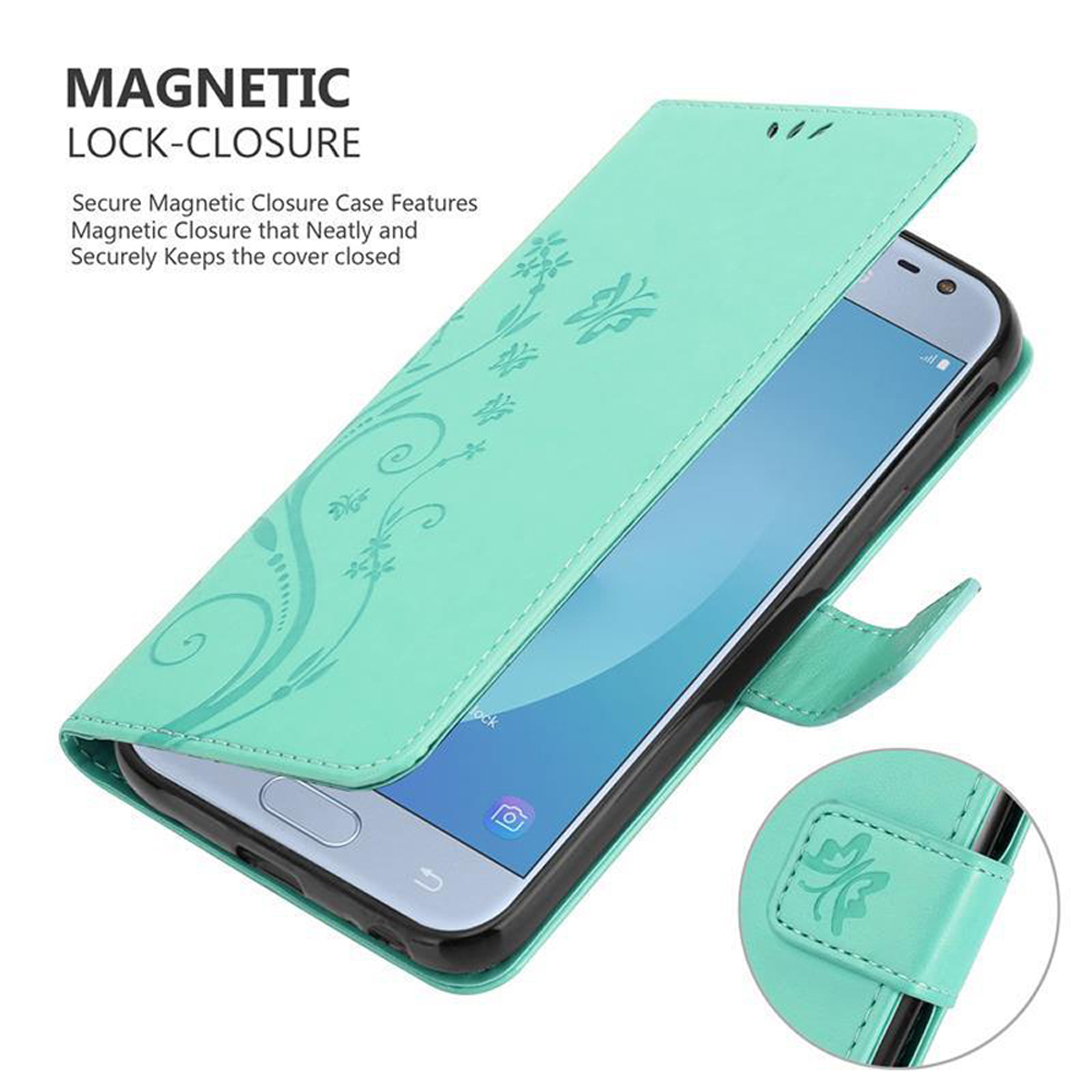 Custodia per telefono verde menta, aperta per mostrare un telefono e un design floreale. Viene mostrato il testo di chiusura magnetica.