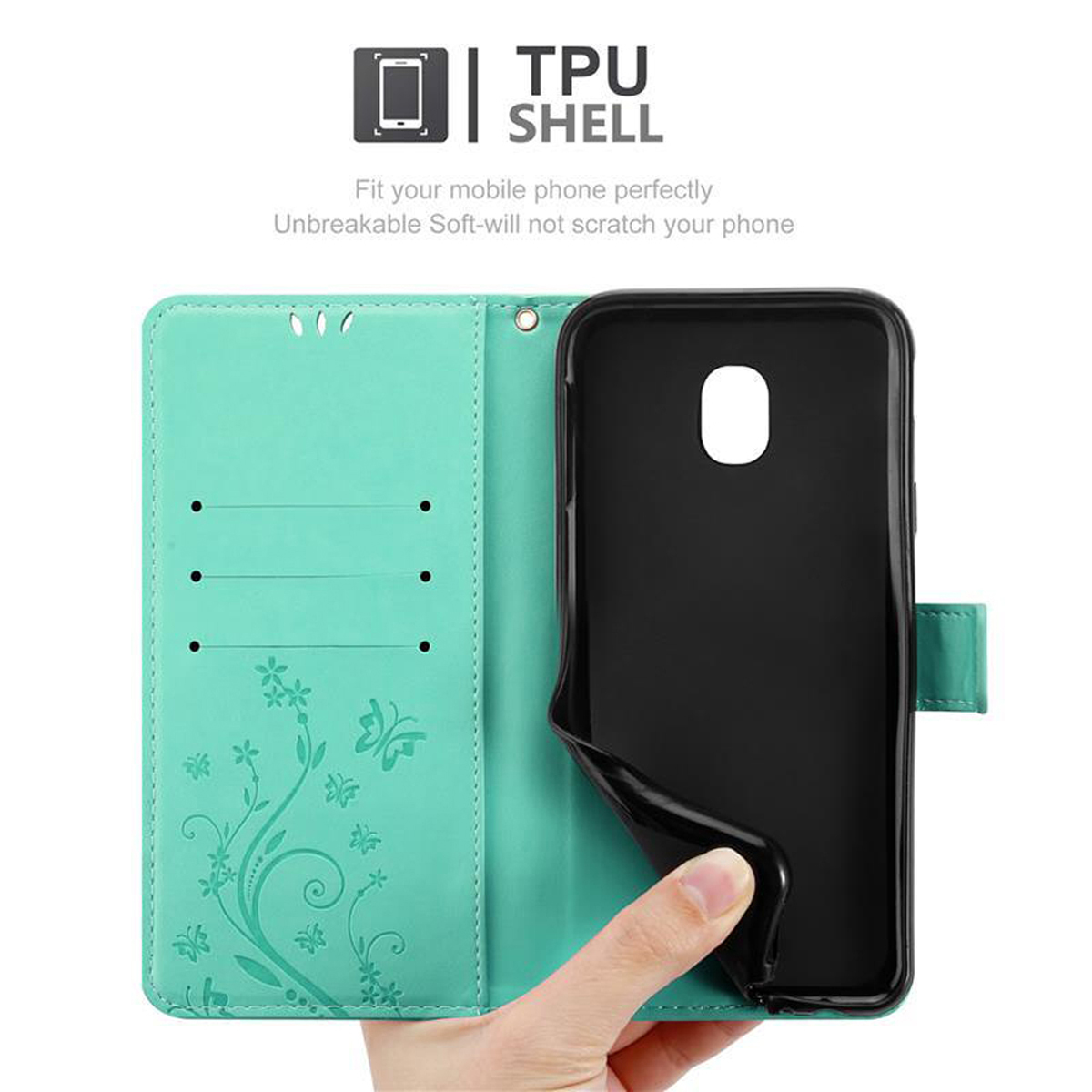 Una custodia per telefono color turchese è aperta, rivelando una custodia per telefono nera all'interno. La custodia ha dettagli floreali. Il telefono è all'interno.