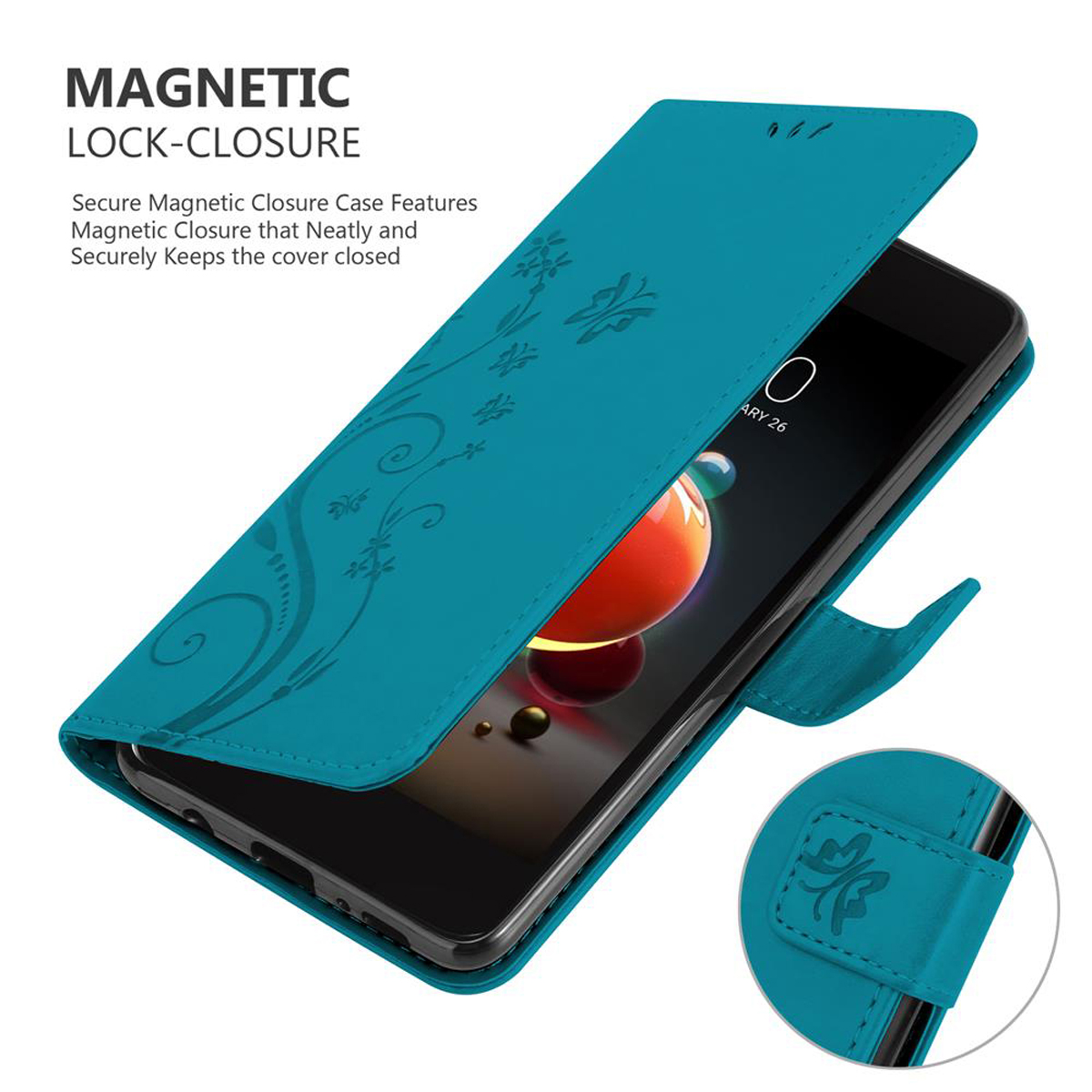 Custodia blu per telefono con patta aperta. Schermo del telefono e design floreale visibili.