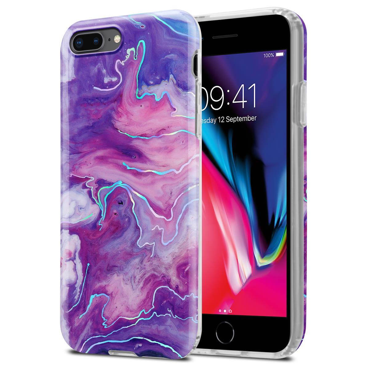 Ein Smartphone befindet sich in einer lila und weißen Marmorhülle. Das andere ist offen.