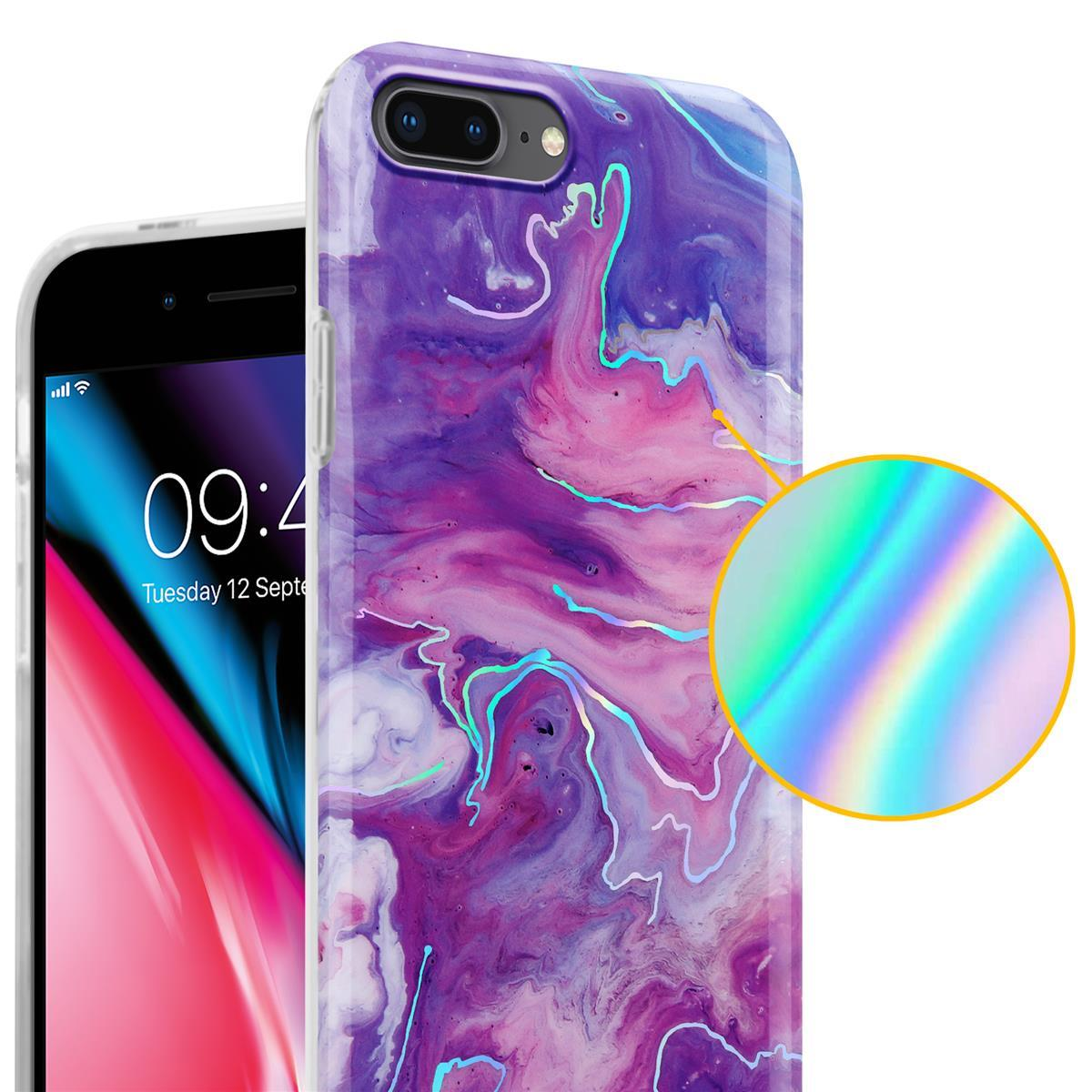 Ein Telefon in einer farbenfrohen Hülle mit Nahaufnahme des Designs. Das Design hat einen Marmoreffekt.