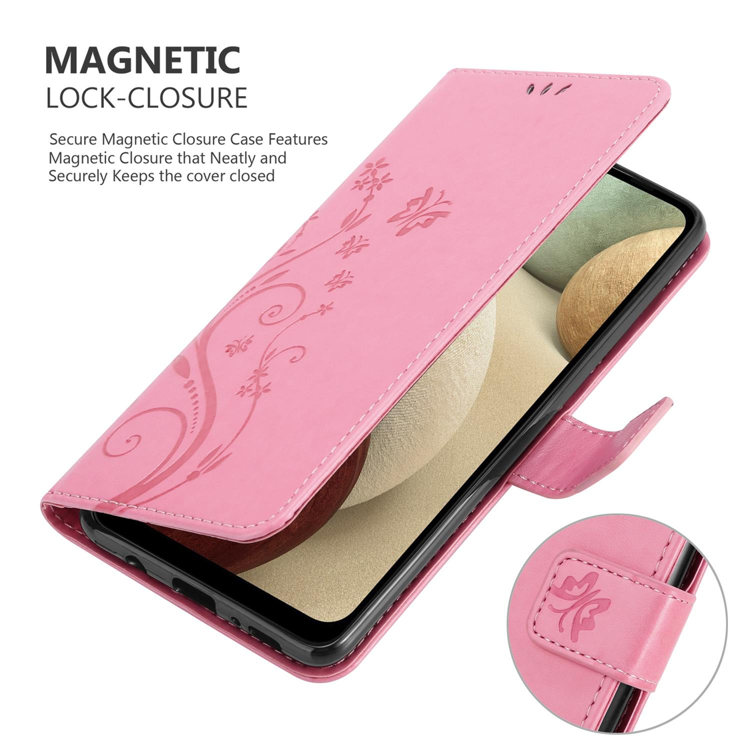 Una custodia per telefono rosa è aperta, rivelando un telefono. Una piccola linguetta rosa fissa la custodia.