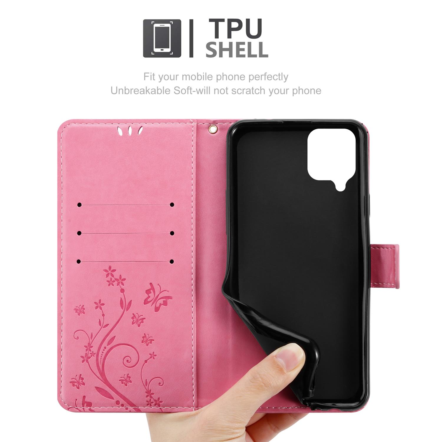 Una custodia per telefono rosa con un telefono. Una mano tiene il telefono. Testo: guscio TPU.