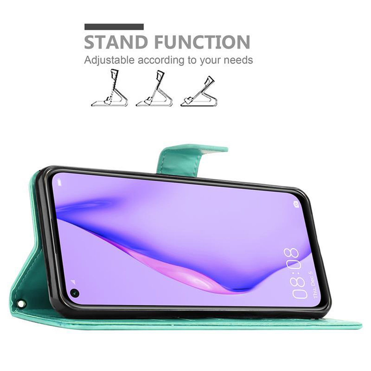 Telefono in una custodia verde acqua, aperto, che mostra lo schermo. Testo: Funzione supporto. Tre opzioni.