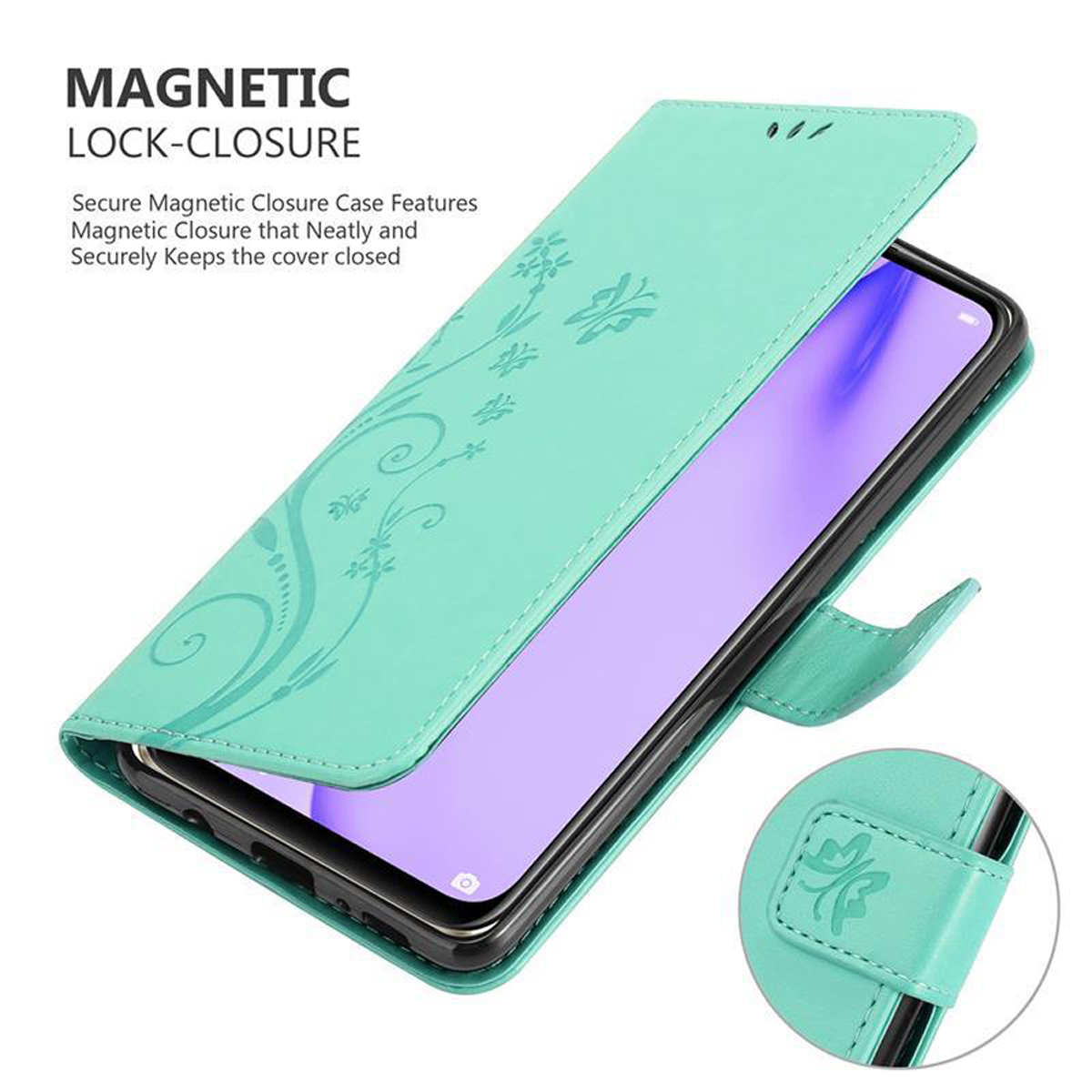 Custodia verde con design floreale e telefono. Chiusura magnetica.