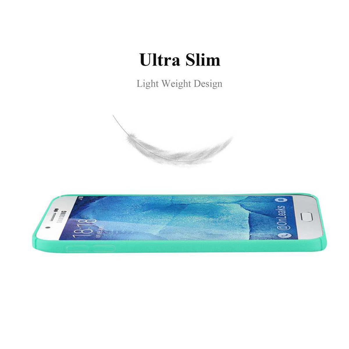 Un telefono sottile su sfondo bianco con il testo 'Ultra Slim Light Weight Design' sopra.