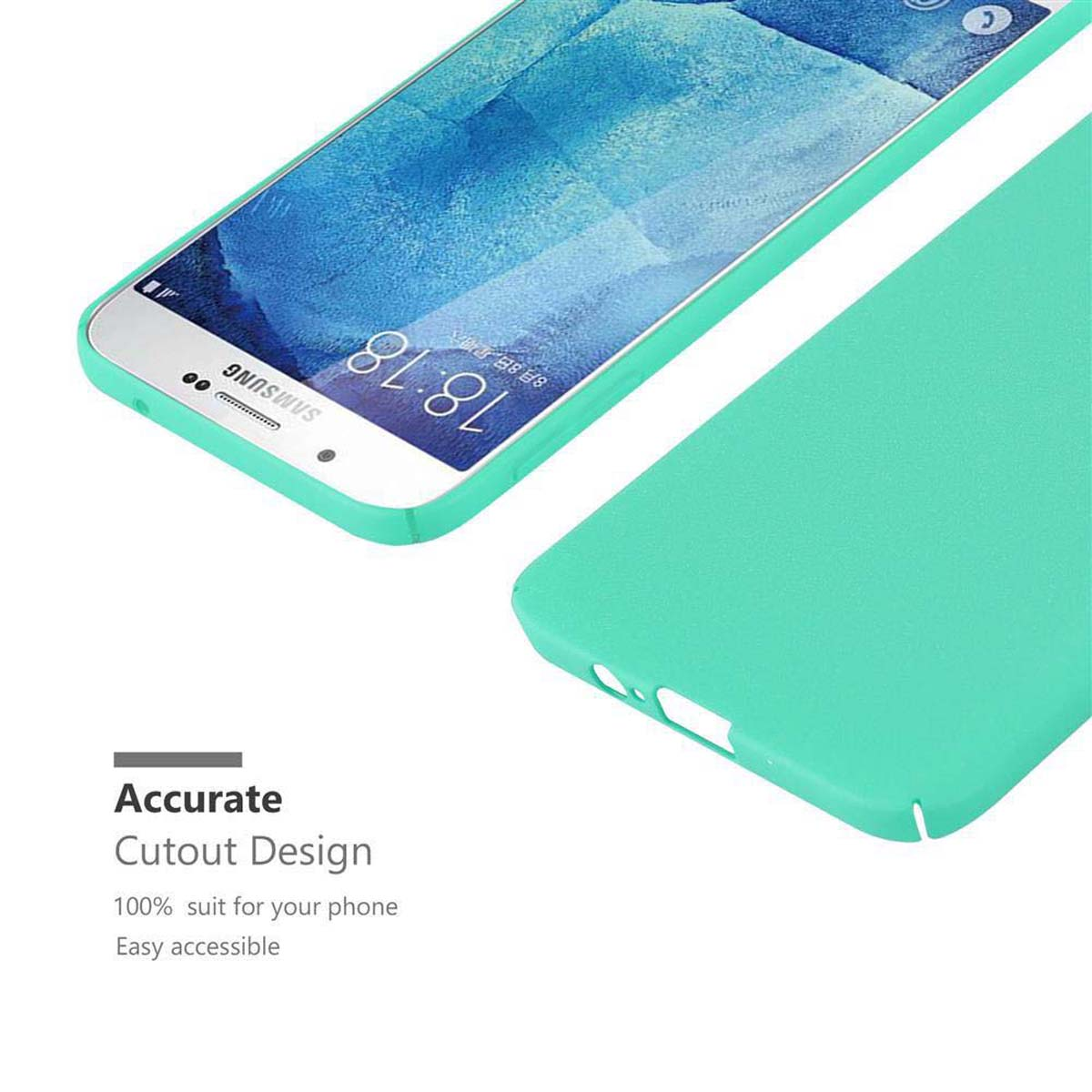 Un telefono e una custodia turchese. Il telefono mostra l'ora. Testo bianco sotto: Design ritagliato accurato.