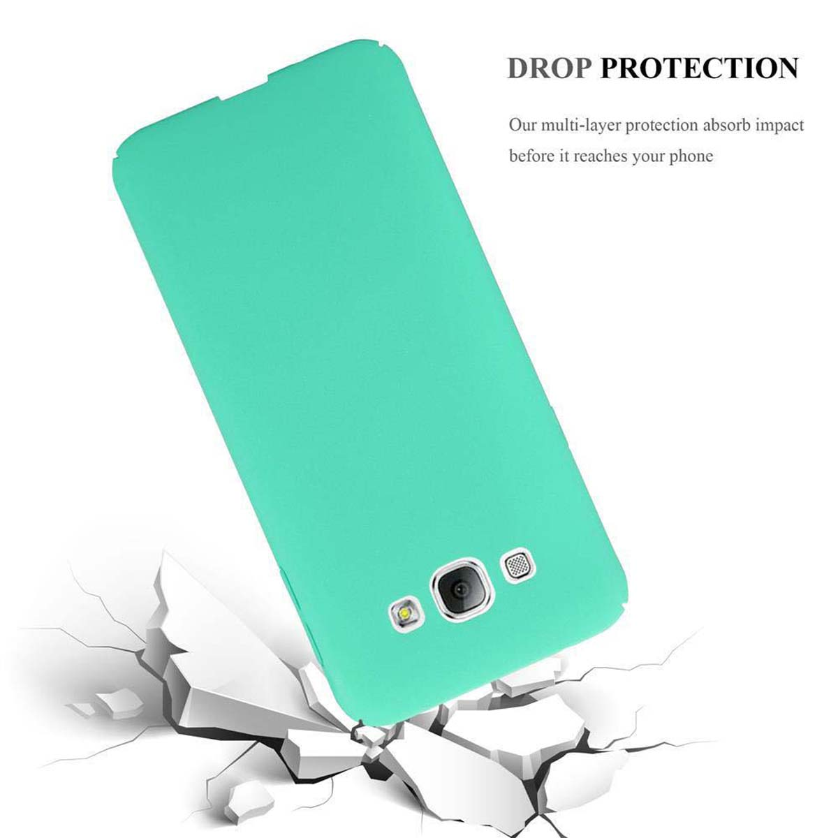 Custodia per telefono verde chiaro su cemento bianco rotto, con fotocamera e testo 'DROP PROTECTION'.