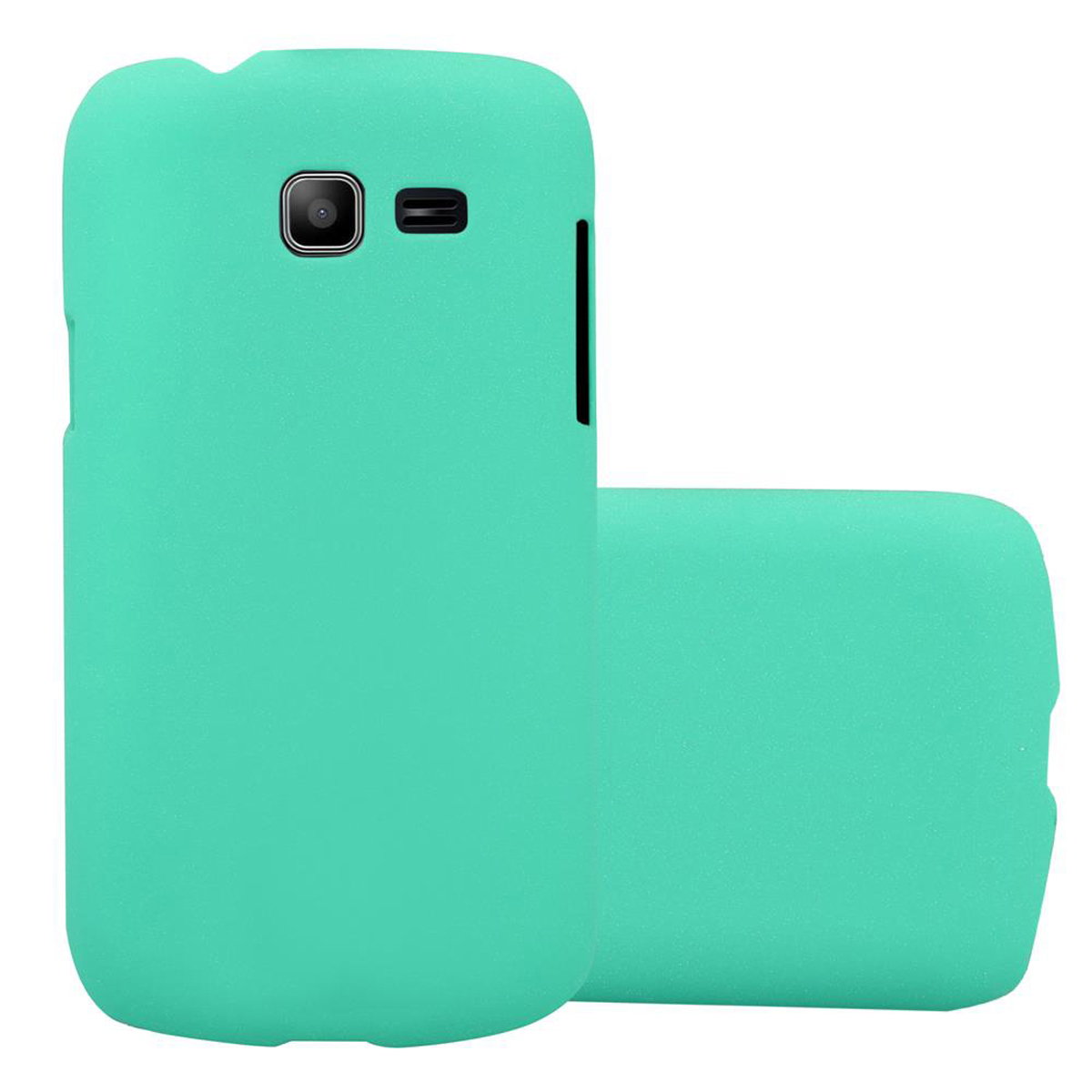Étui de téléphone turquoise. Deux étuis, tous deux unis. Un ouvert et un fermé.
