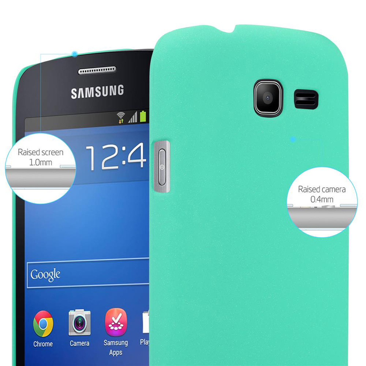 Smartphone dans étui turquoise. Écran affiche heure, icônes Google et caméra.