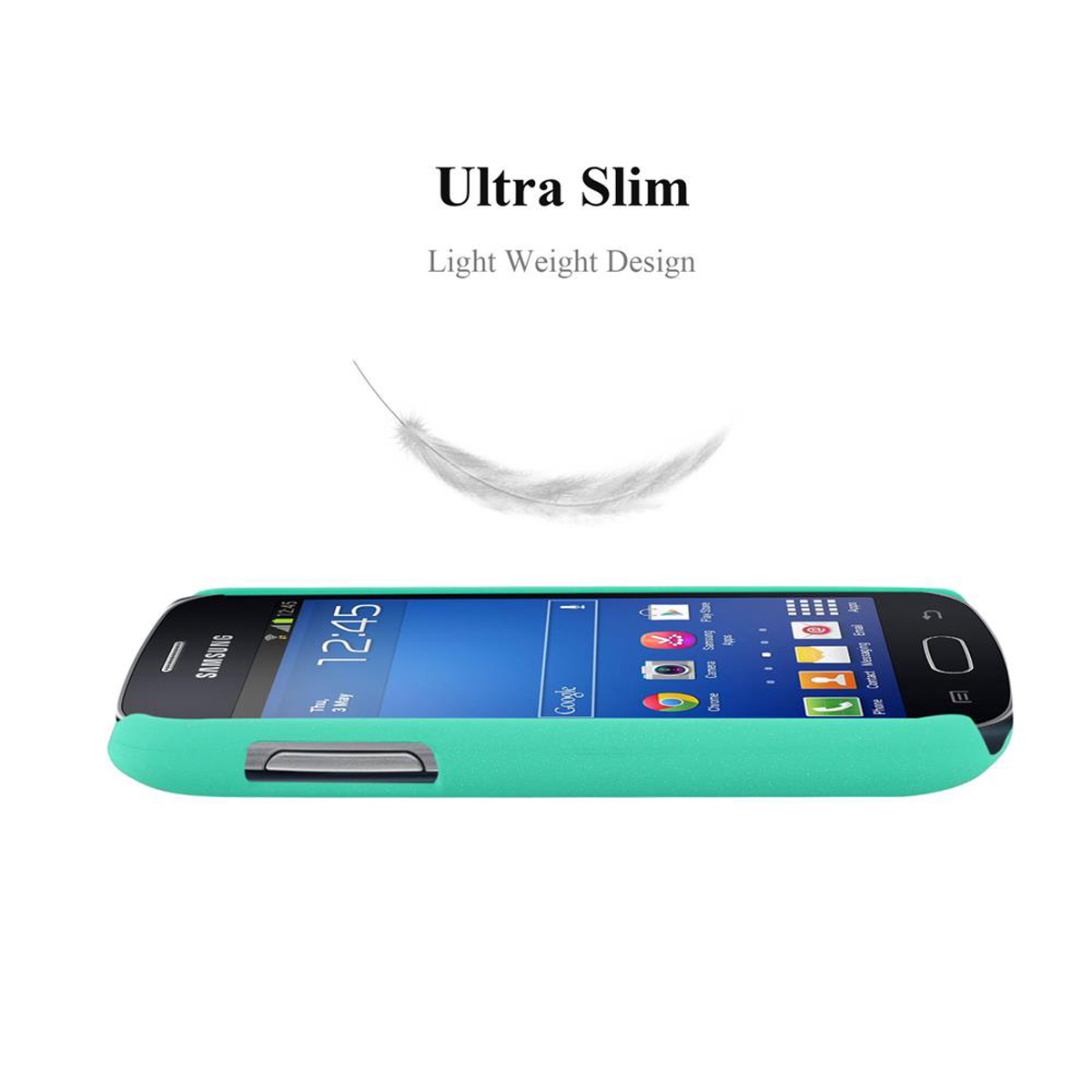 Coque de téléphone vert menthe avec téléphone. Téléphone sur fond blanc.