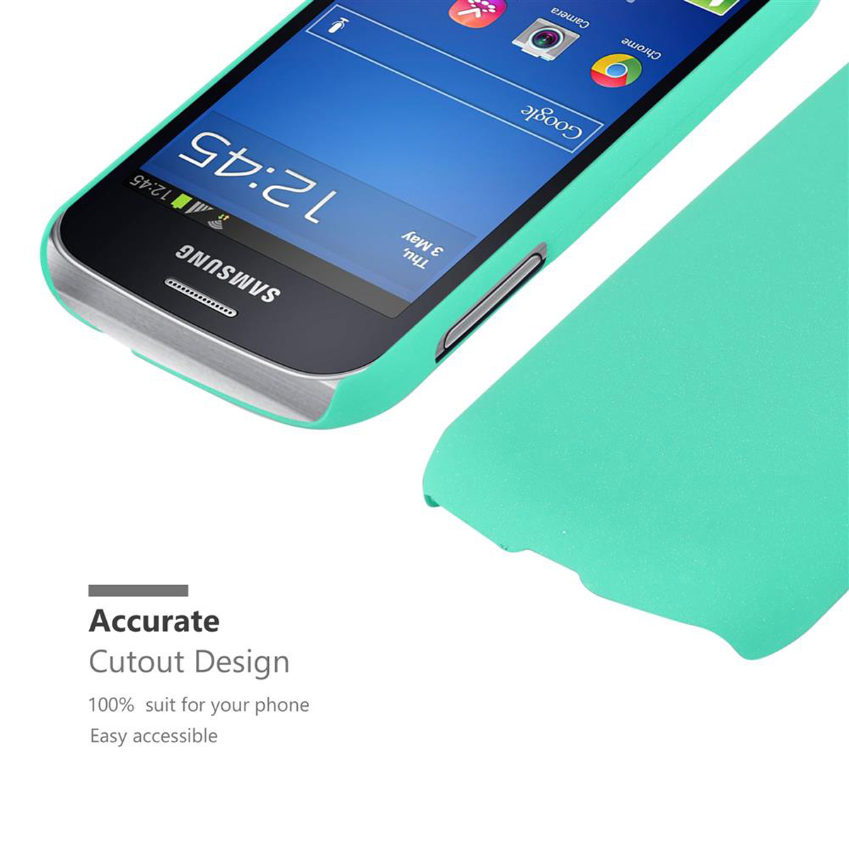 Un étui de téléphone avec un téléphone Samsung à l'intérieur. L'étui est turquoise et le téléphone affiche un écran bleu.