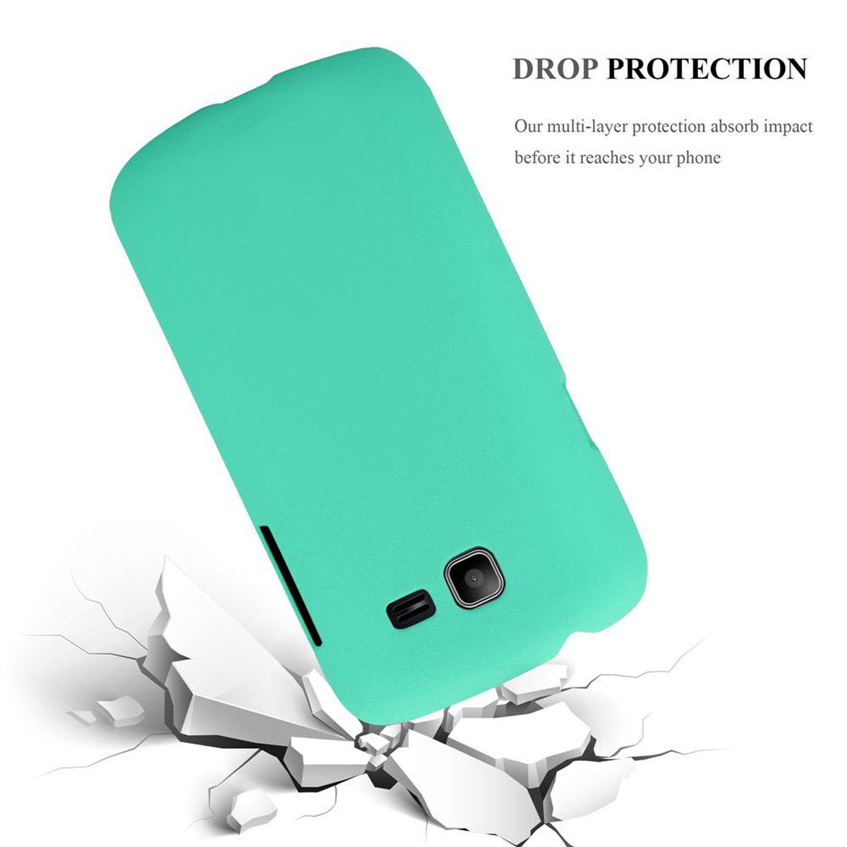 Étui de téléphone turquoise. Le téléphone est posé sur une surface brisée. Protection contre les chutes. L'étui est sur le téléphone.