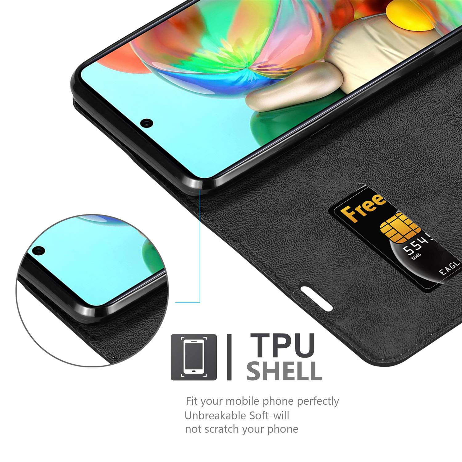 Telefono in custodia. Fessura per carte di credito visibile. Testo: Guscio in TPU, si adatta perfettamente al telefono, infrangibile.