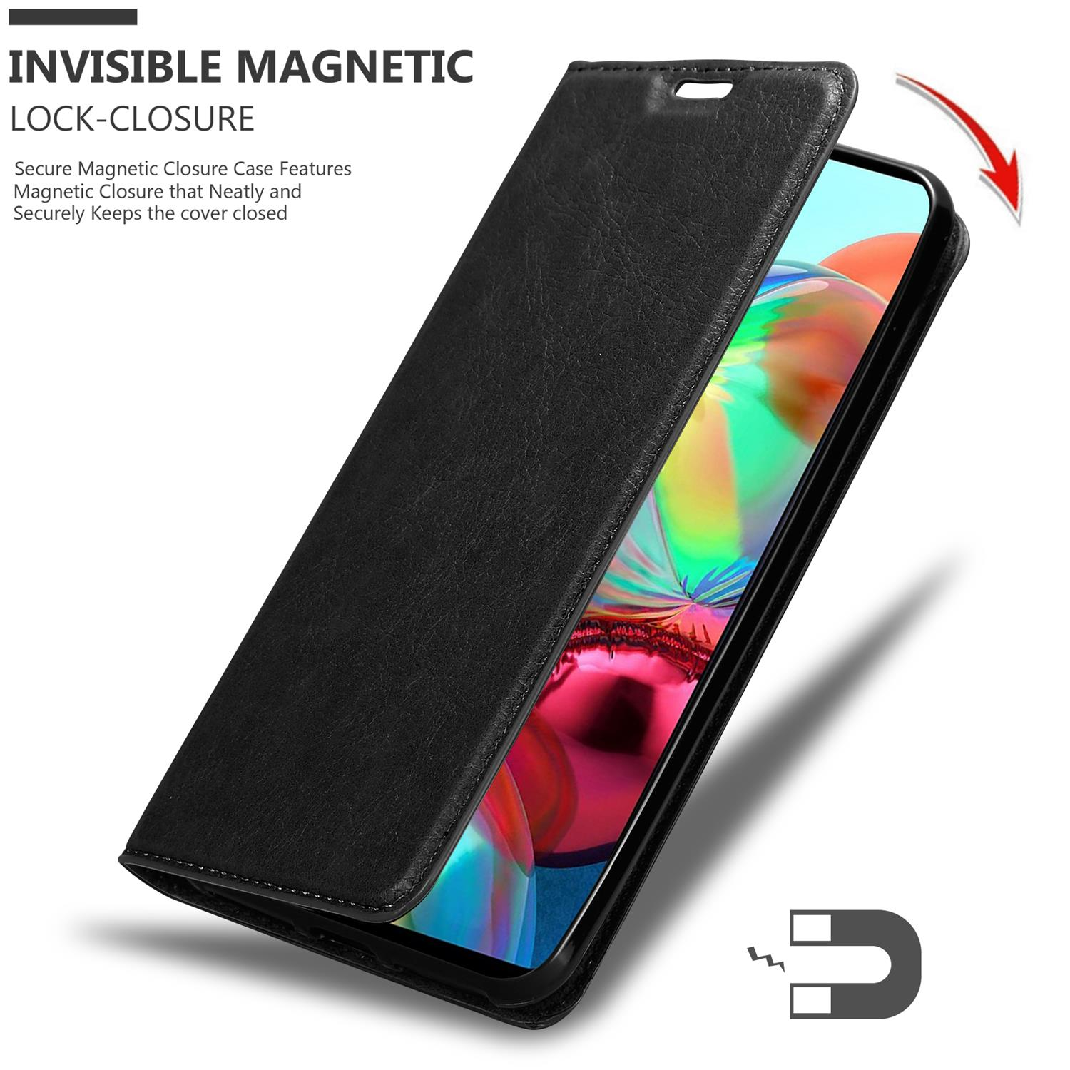 Custodia per telefono nera, aperta che mostra il telefono all'interno. Chiusura magnetica.