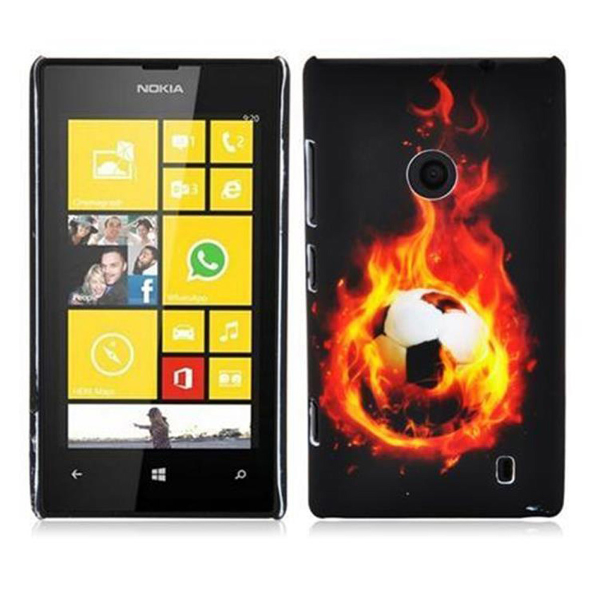 Nokia-Telefon links mit farbenfroher Anzeige. Rechts eine Hülle mit einem Fußball in Flammen.