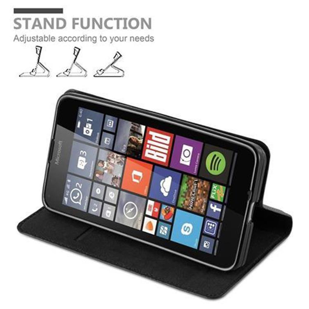 Telefono in una custodia in posizione stand, che mostra una schermata iniziale. Funzione stand regolabile.