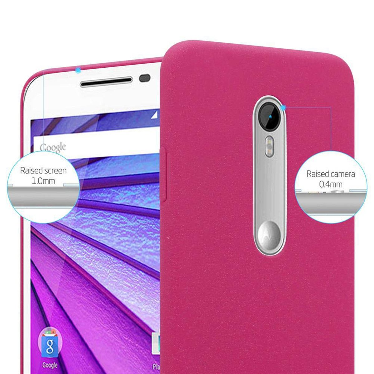 Custodia per telefono rosa. Telefono all'interno. Schermo e fotocamera rialzati evidenziati.