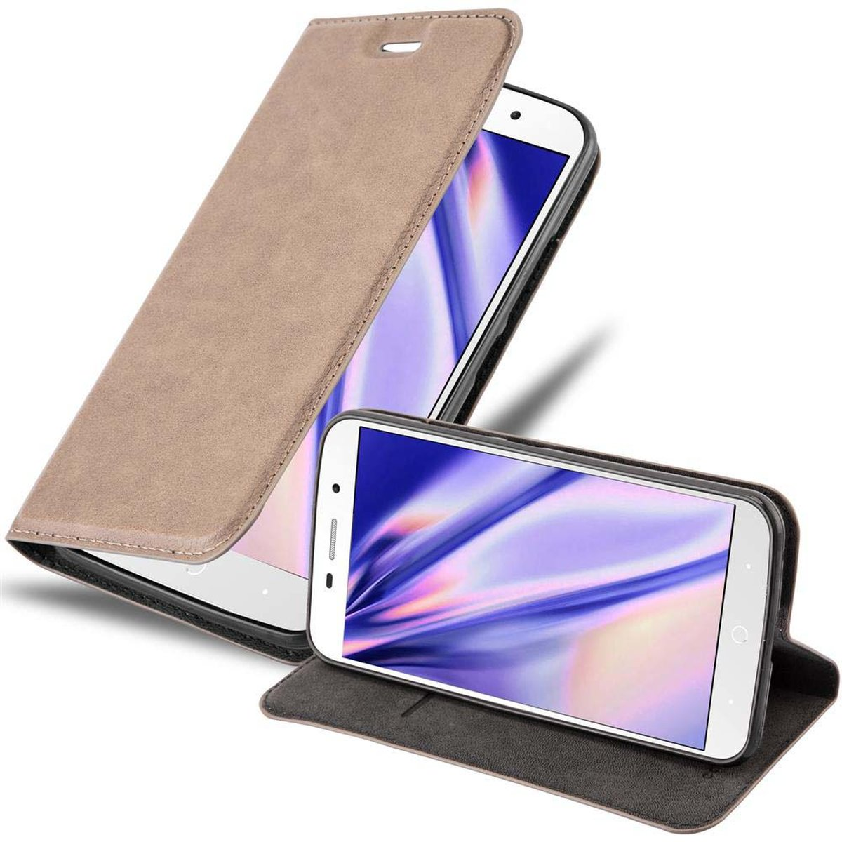 Custodia beige per telefono con telefono all'interno. La cover è aperta. Un altro telefono è all'interno.