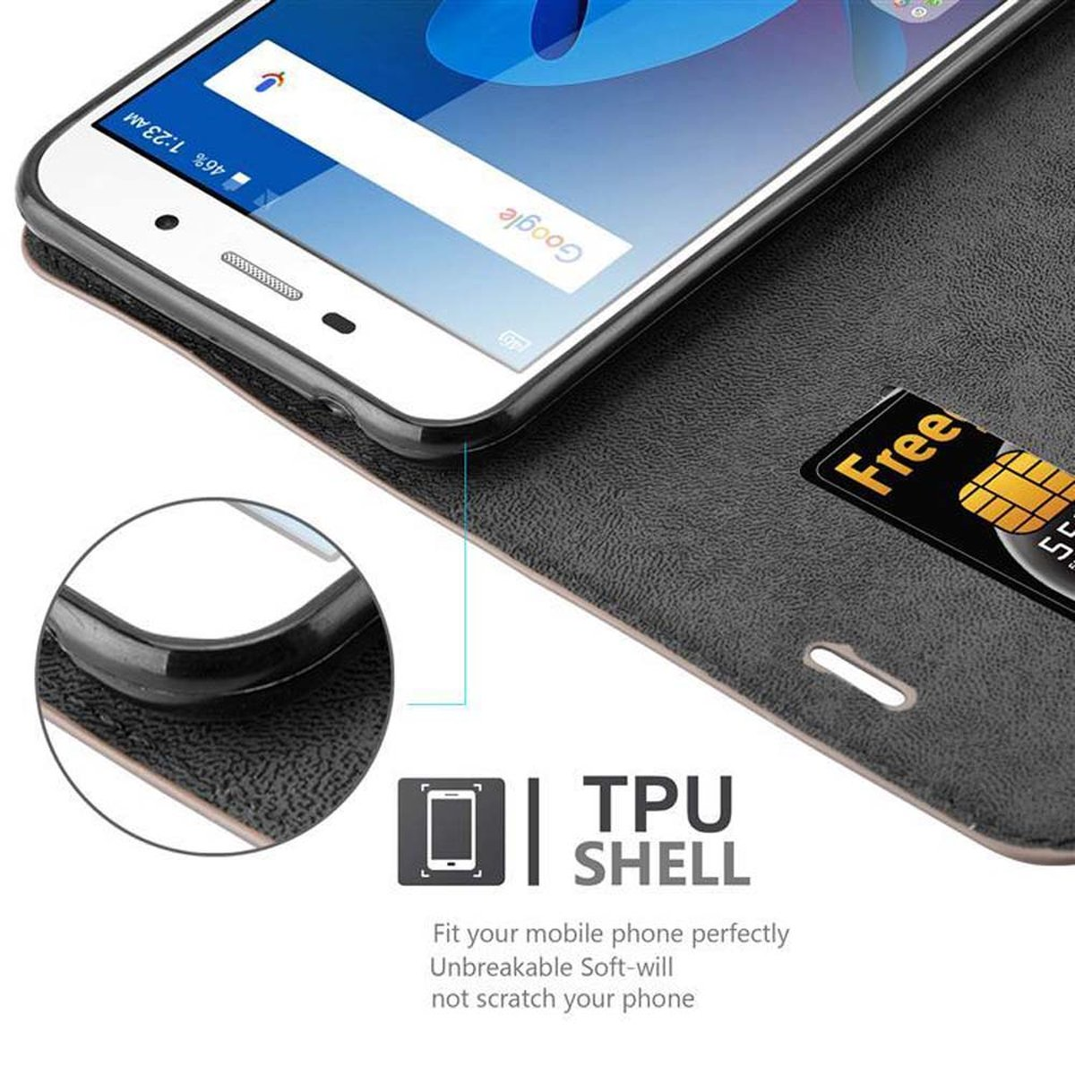 Telefono in custodia nera con ricerca Google aperta. Una scheda è nella custodia. Testo della shell TPU in basso.