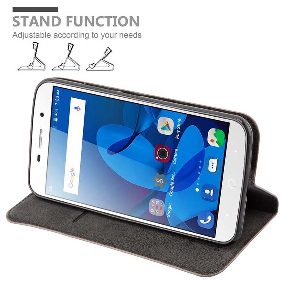 Custodia grigia con schermo del telefono. Viene mostrata la funzione stand.