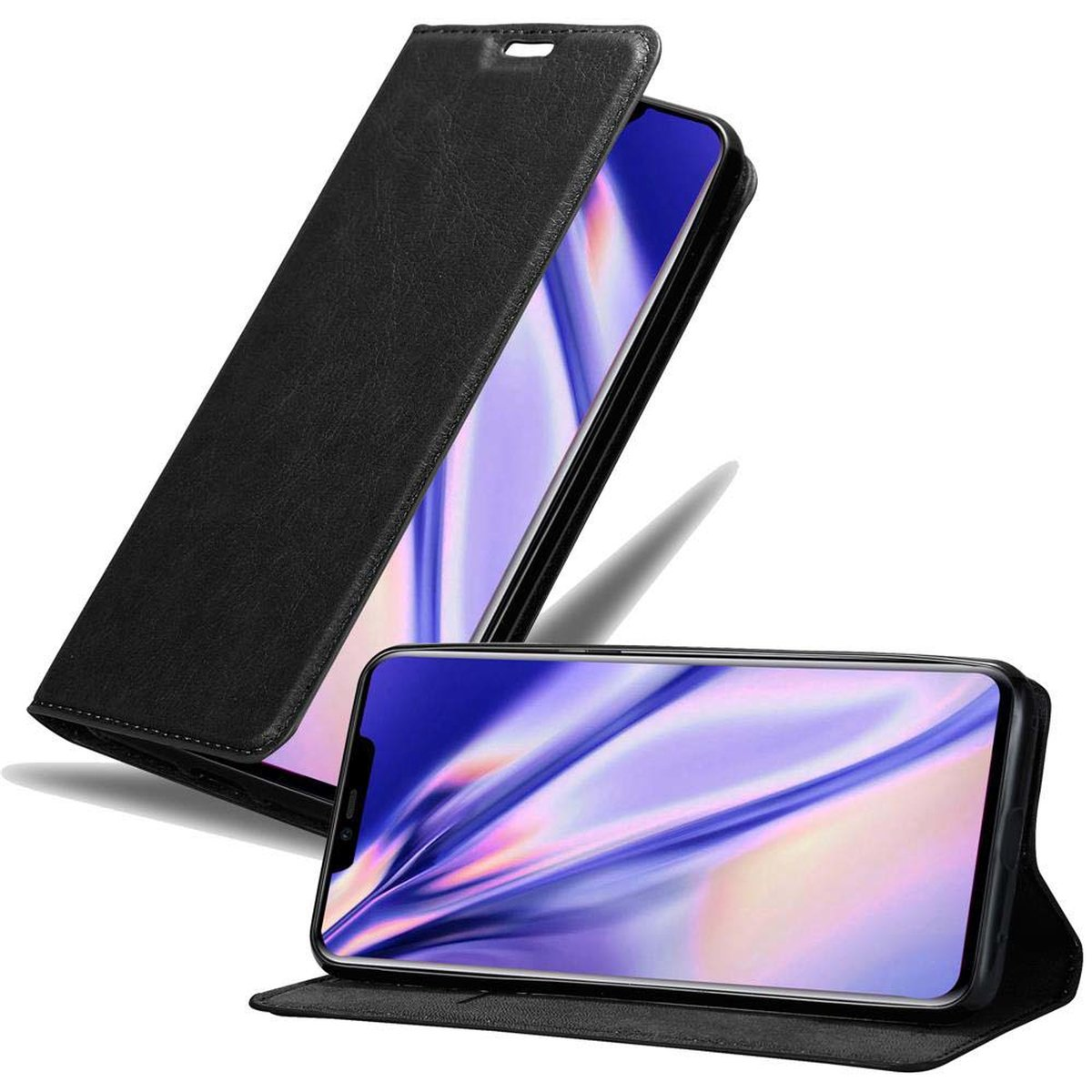 Schwarze Handyhülle mit geöffnetem Telefon, das eine Oberfläche zeigt. Das Telefon ist schwarz.