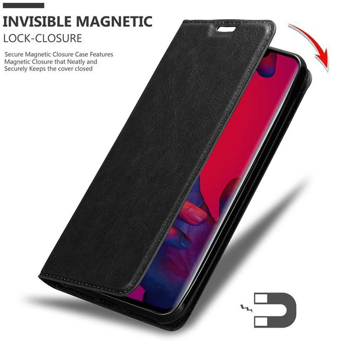 Schwarze Handyhülle, geöffnet, um einen roten Bildschirm freizugeben. Die Hülle hat einen Magnetverschluss.