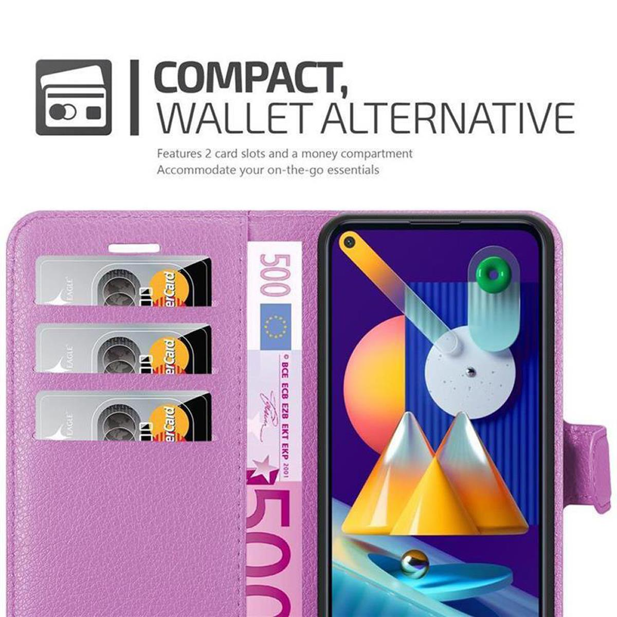 Custodia viola con telefono, alternativa portafoglio. Mostra slot per carte e scomparto.