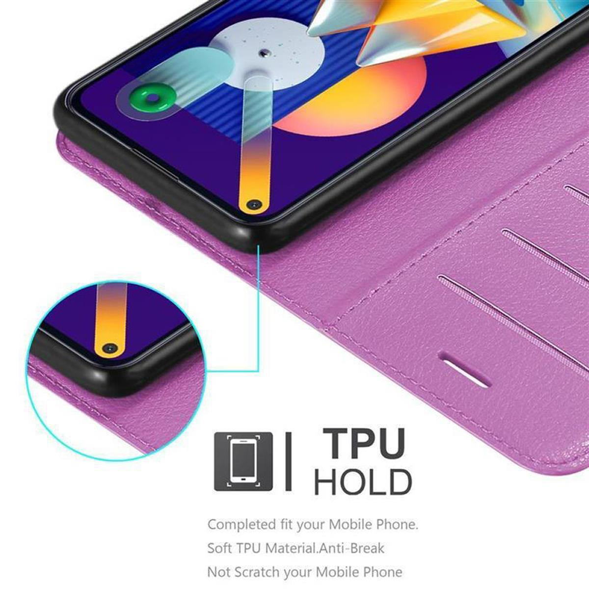 Custodia per telefono viola con telefono all'interno. Il telefono è nero e la custodia ha un supporto in TPU.