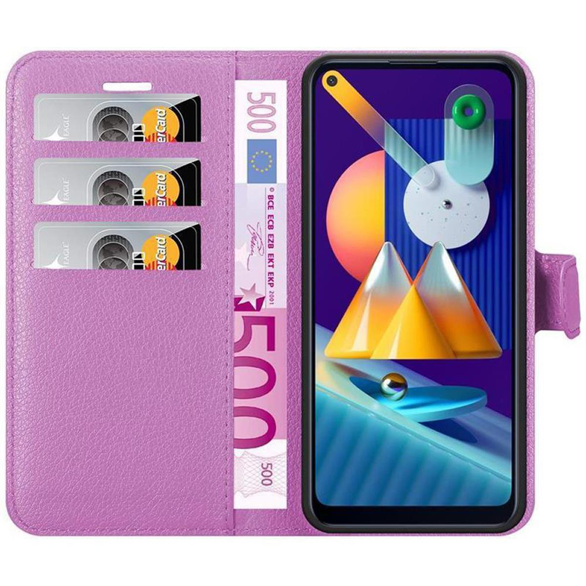 Custodia per telefono viola con fessure per carte e un telefono. Banconote da 500 euro visibili. Schermo del telefono visibile.