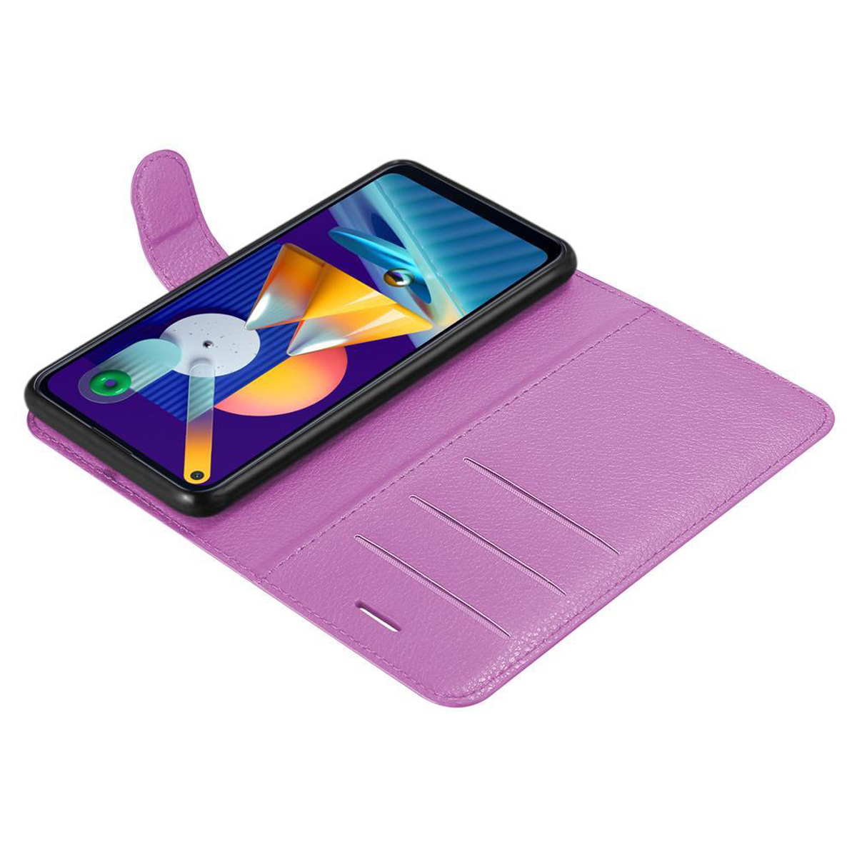 Custodia a portafoglio viola per telefono. Il telefono è dentro. Tre slot per carte. Una custodia viola.