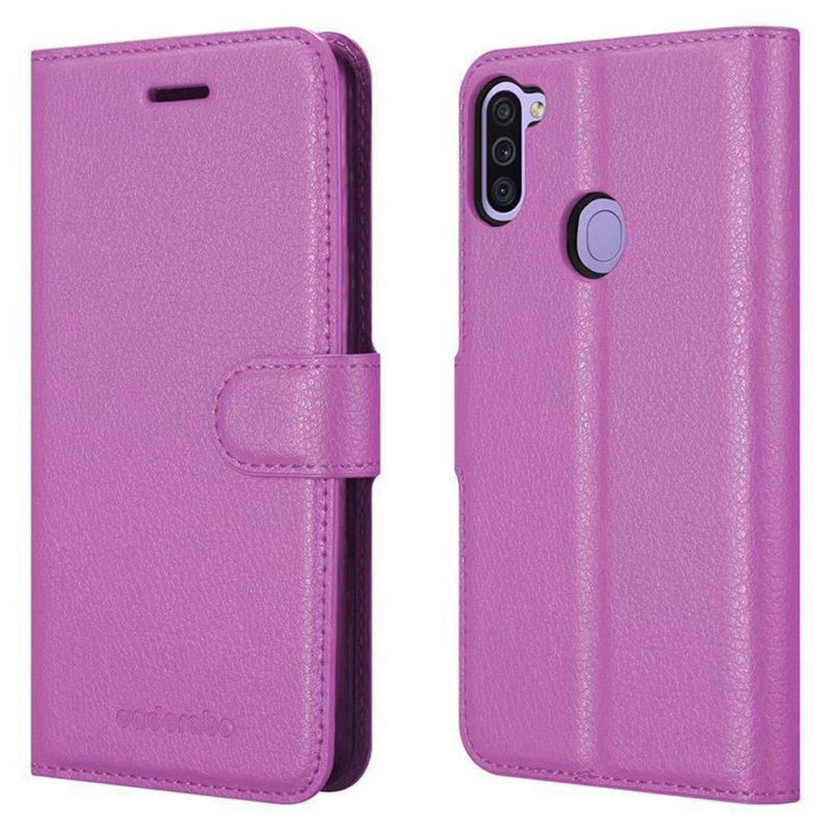 Custodia per telefono viola, aperta e chiusa. La custodia ha una chiusura.