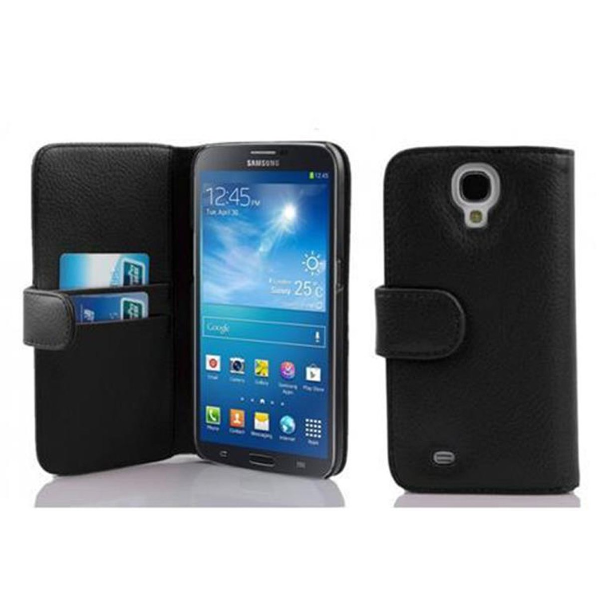 Portafoglio nero per telefono. Telefono nel portafoglio, aperto, con carte di credito e telefono chiuso. Telefono Samsung.