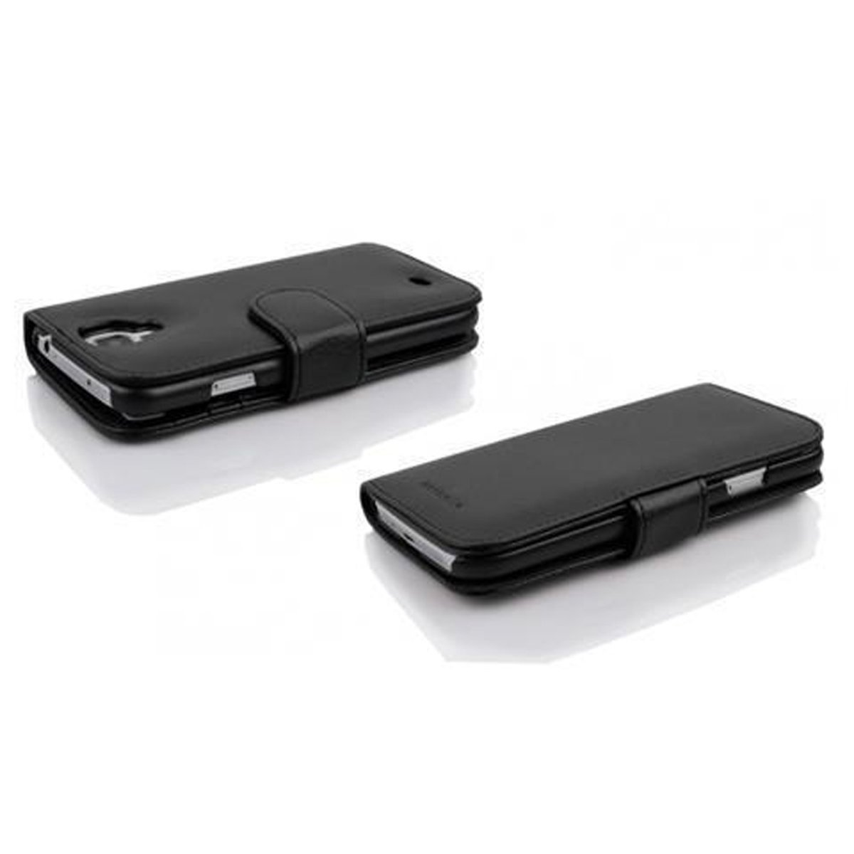 Due custodie per telefono nere, chiuse, con chiusura magnetica. Sono mostrate su una superficie riflettente.