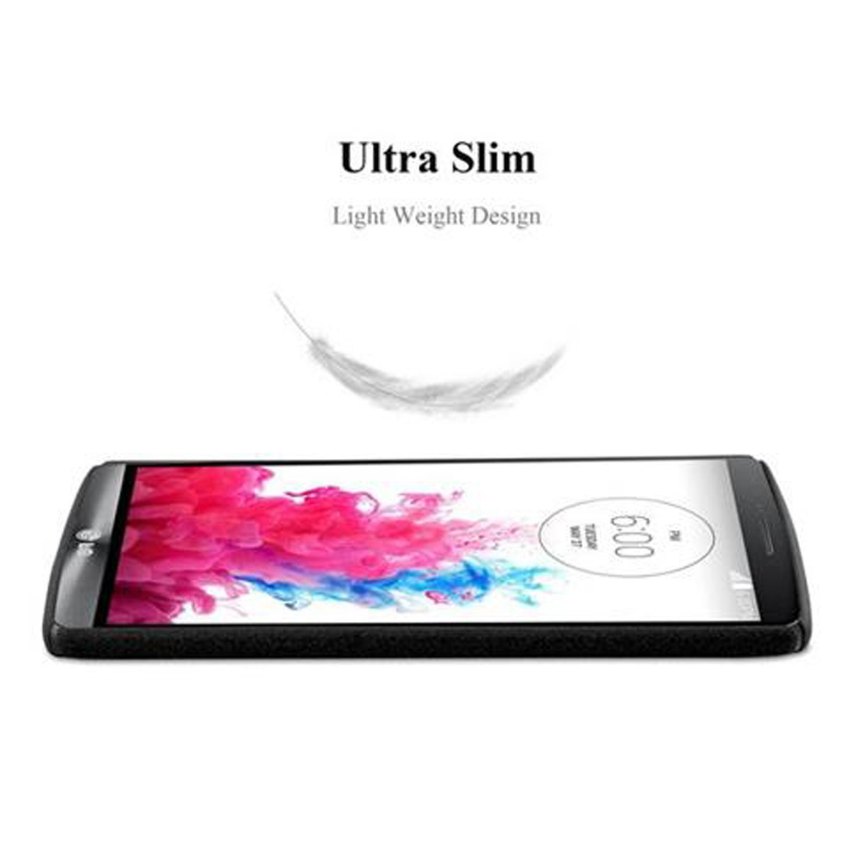 Telefon auf weißem Hintergrund. Text: 'Ultra Slim, Light Weight Design'. Eine Feder über dem Telefon.