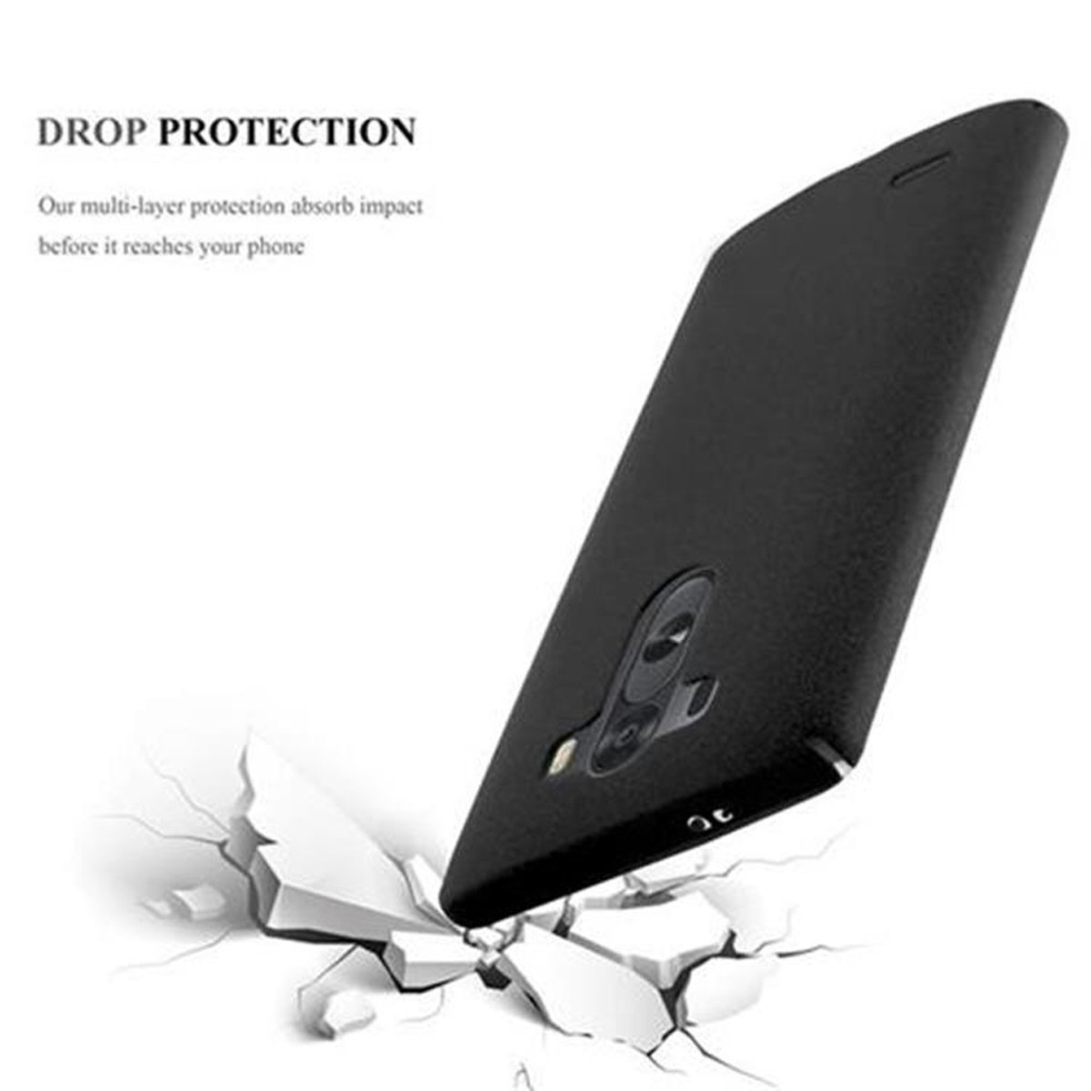 Schwarze Handyhülle mit einem Telefon darin. Das Telefon liegt auf dem Boden und der Boden ist kaputt.
