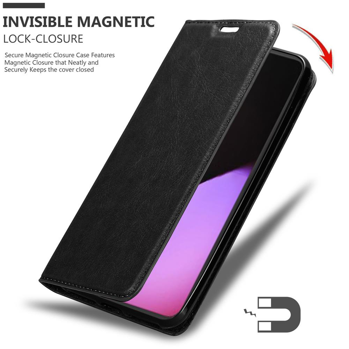Schwarze Handyhülle mit Telefon. Es hat einen Magnetverschluss. Das Telefon ist sichtbar.