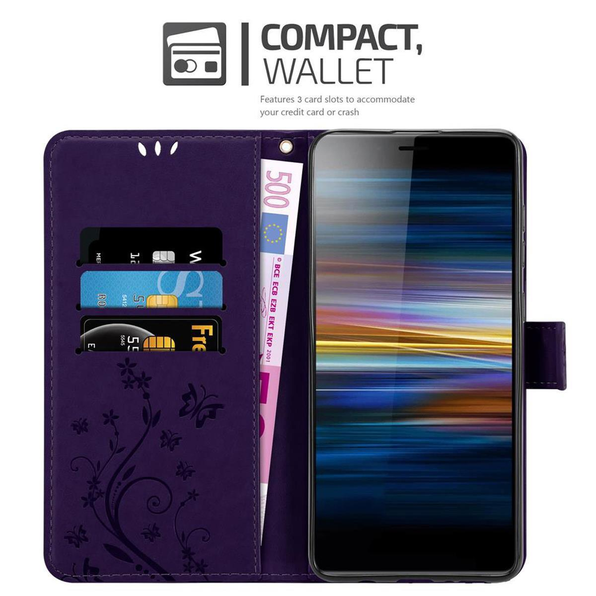Custodia a portafoglio viola con scomparti per carte, denaro e un telefono che mostra un'immagine colorata. Il testo dice 'Compatto, Portafoglio'.