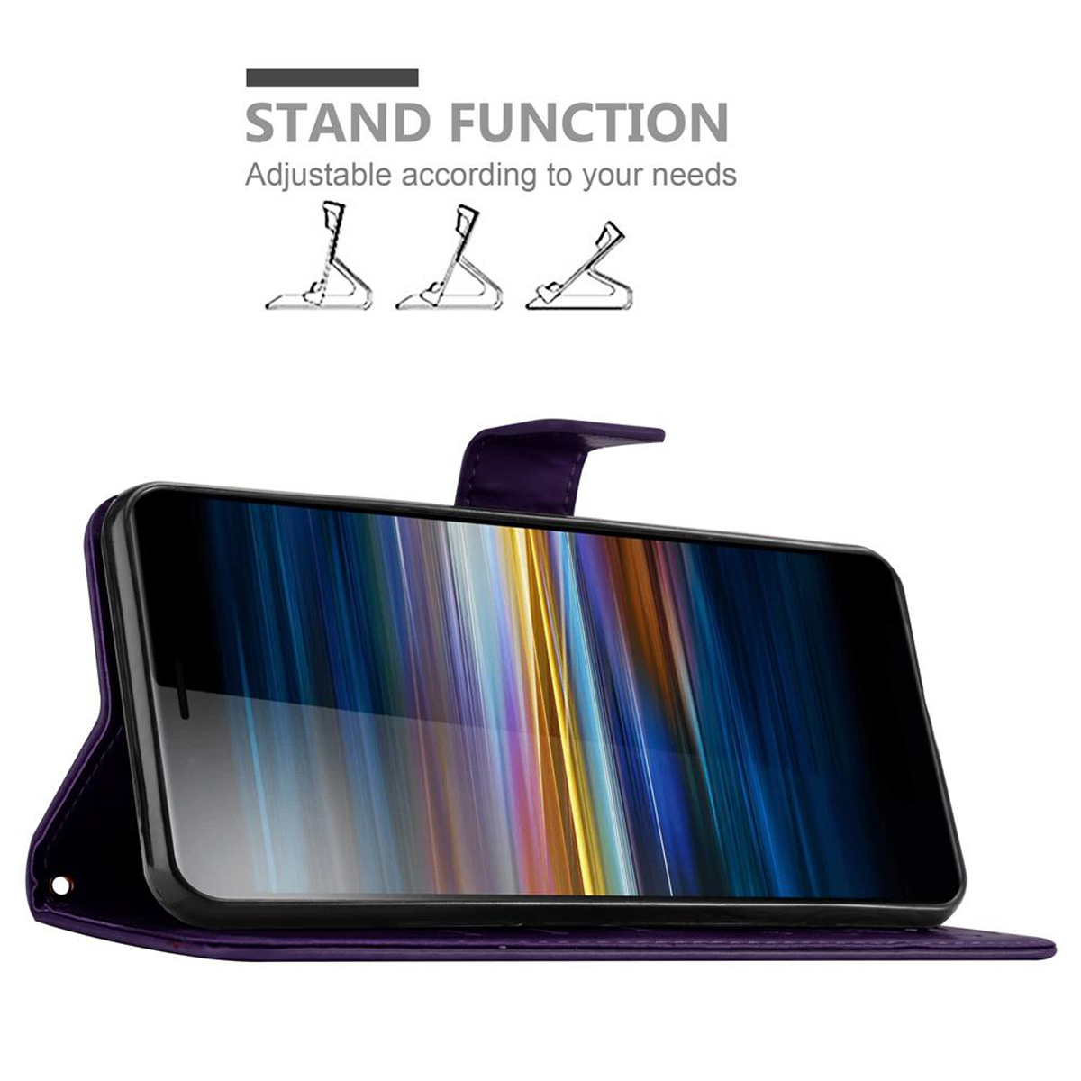 Custodia per telefono viola con funzione supporto, aperta per mostrare il telefono. Funzione supporto evidenziata.