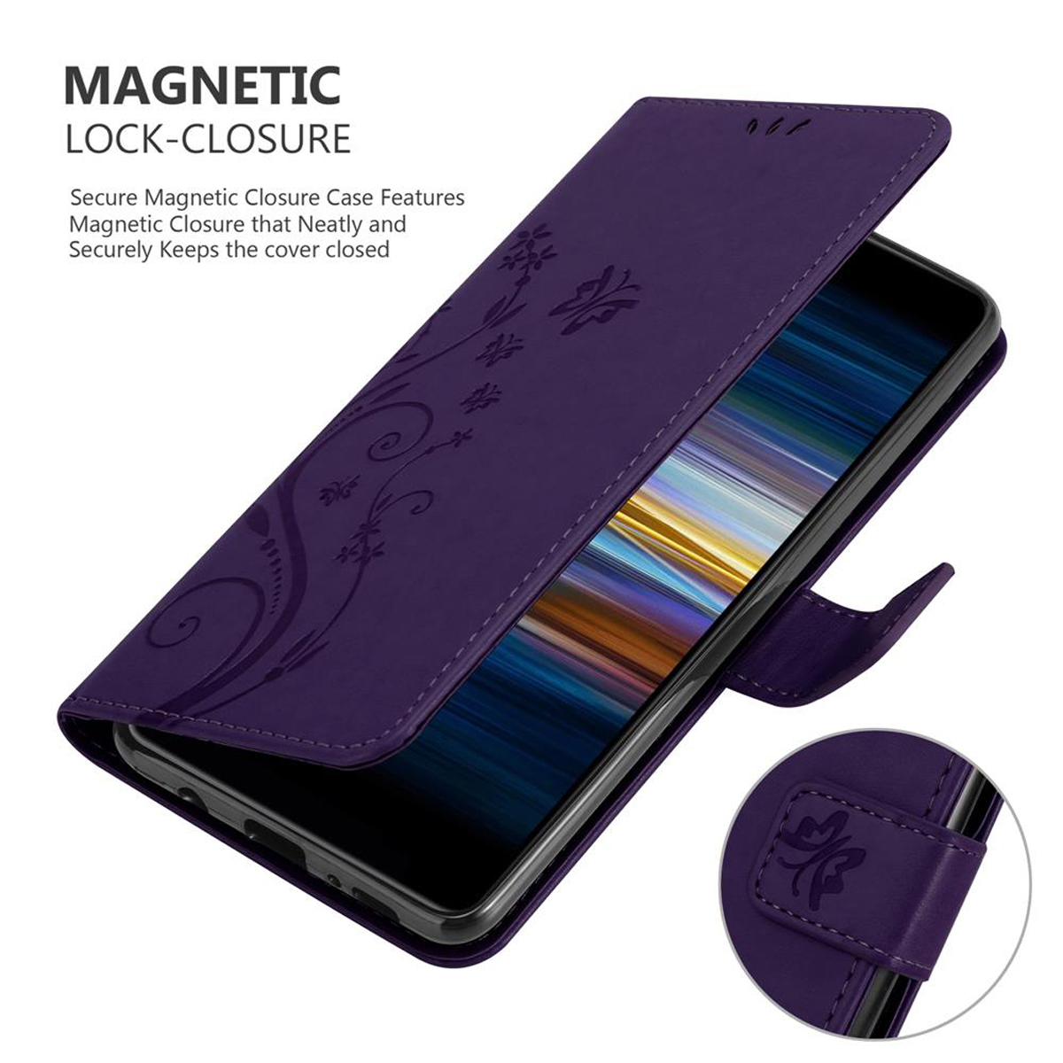 Custodia viola con telefono. Aperta mostra design floreale e chiusura magnetica.
