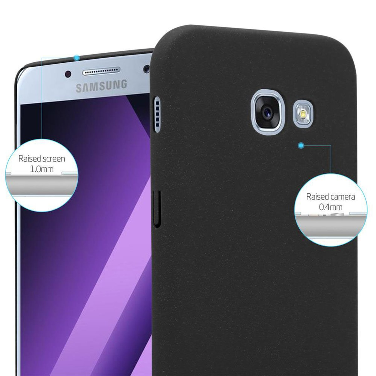 Schwarze Handyhülle mit einem Telefon. Erhöhter Bildschirm und Kameradetails.