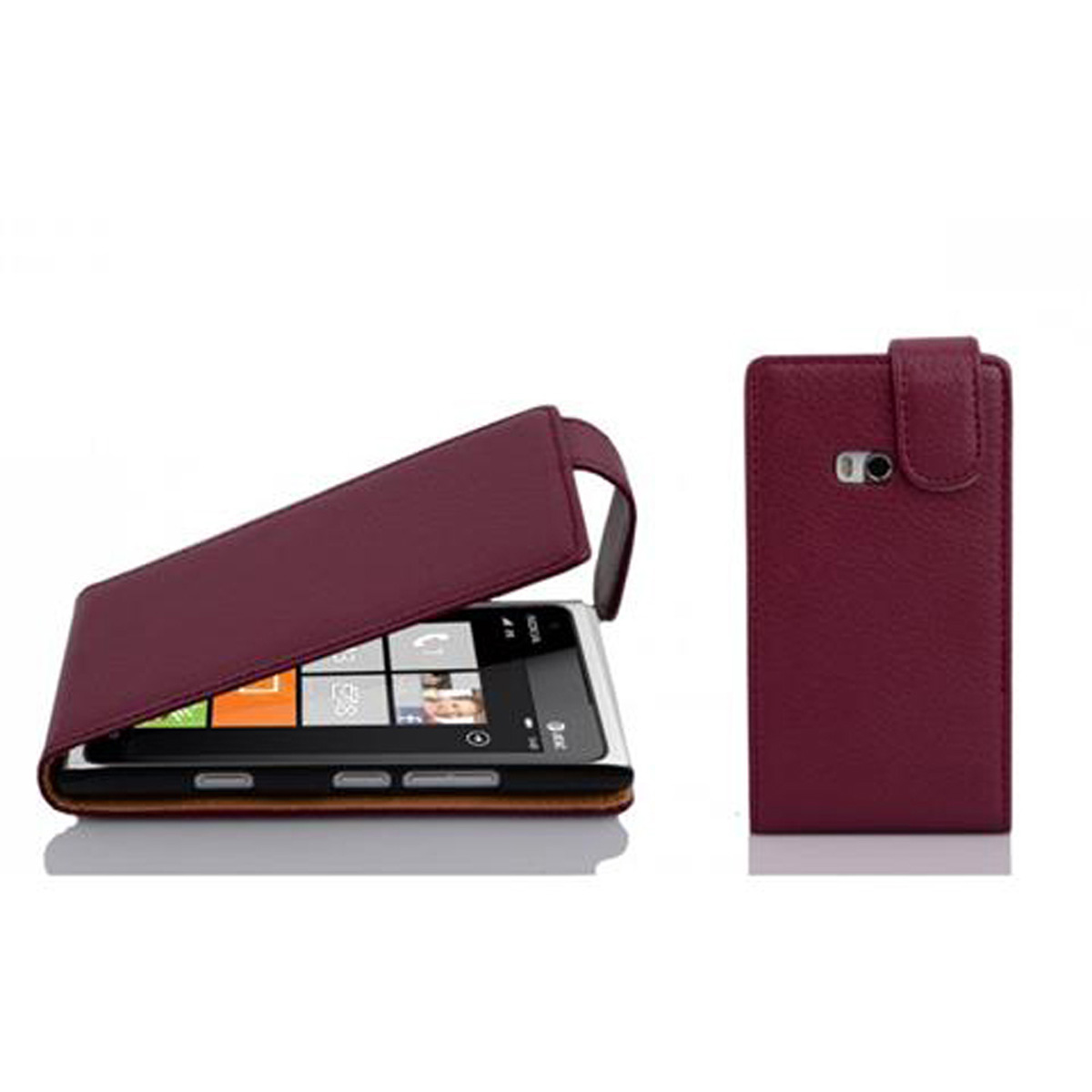 Étui de téléphone bordeaux avec un téléphone dedans. L'étui est ouvert et montre le téléphone.