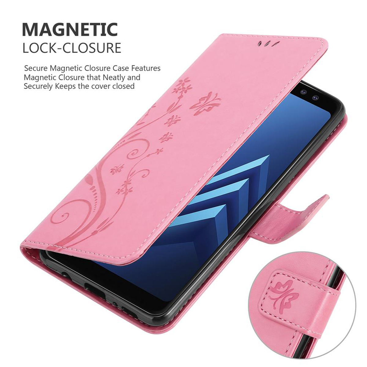 Custodia rosa per telefono con design floreale, aperta, che rivela un telefono. Chiusura magnetica mostrata.