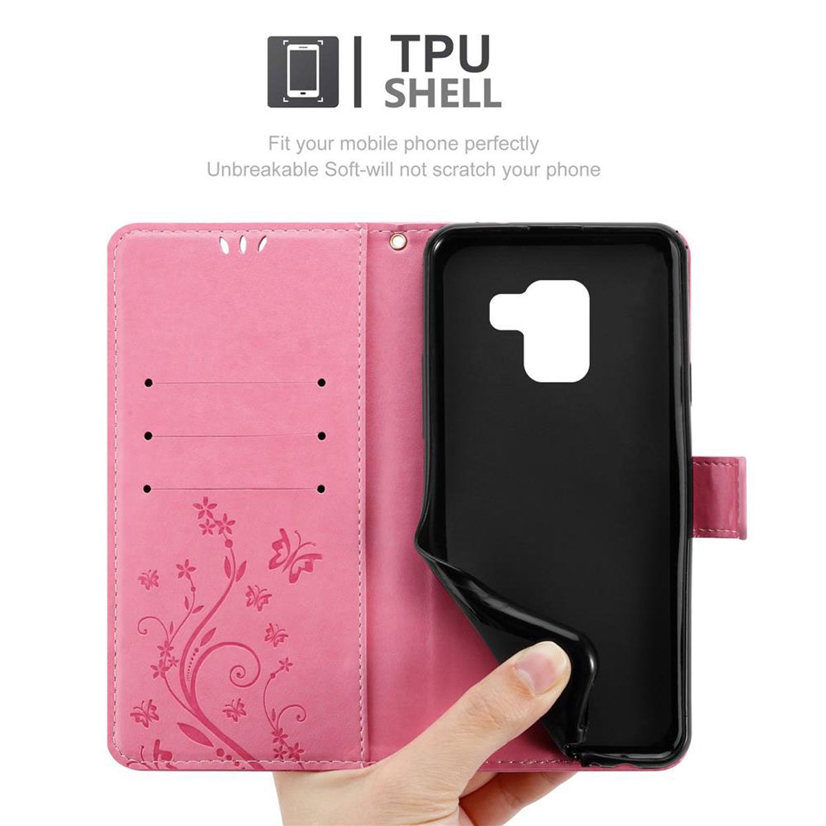 Una custodia rosa per telefono con un telefono nero all'interno. La custodia è aperta e mostra lo schermo.