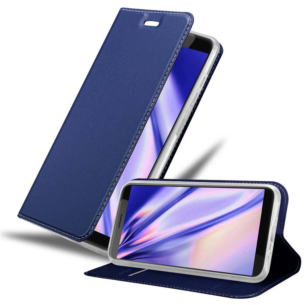 Custodia blu, aperta. Il telefono mostra uno schermo colorato. Il telefono è nella custodia.