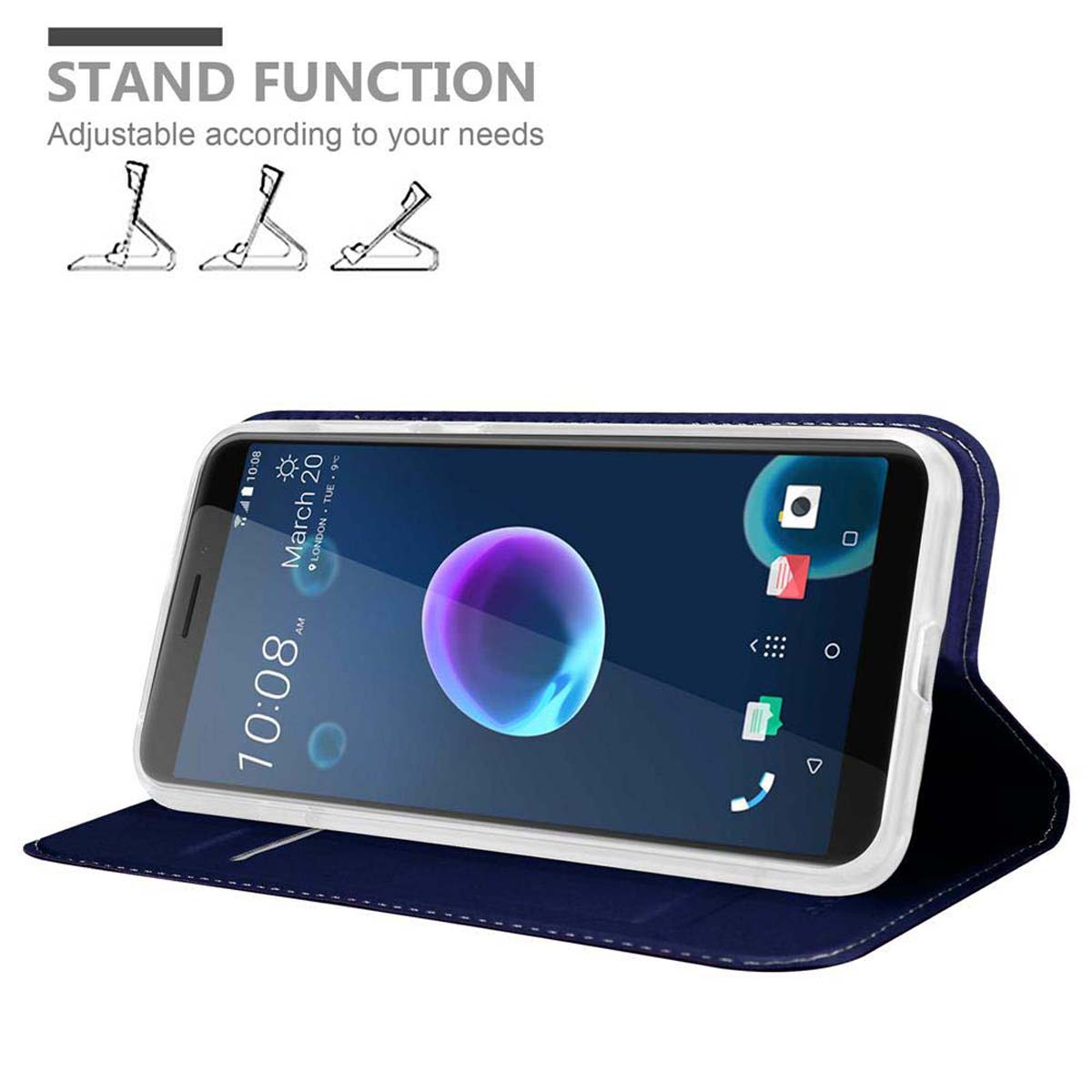 Telefono in custodia blu, mostra l'ora, con funzione stand.